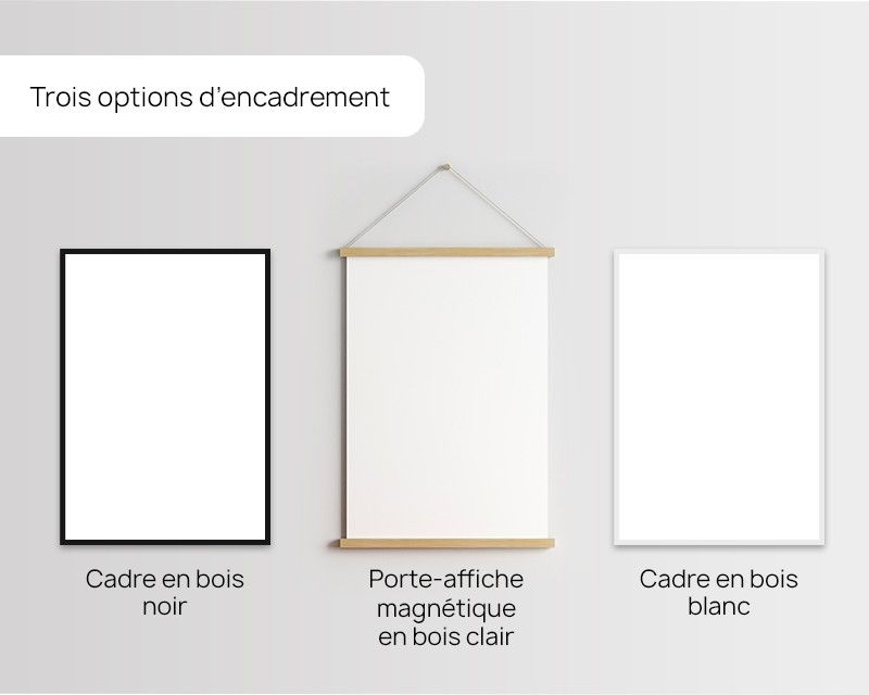 Idée cadeau Fête des mamies : options d'encadrement de l'affiche 'Définition Mamie' avec choix entre cadre en bois noir, porte-affiche magnétique en bois clair et cadre en bois blanc.