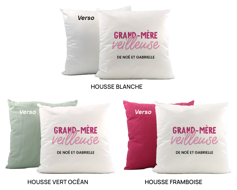 Cadeaux Fête des grands-mères : coussin 'Grand mère-veilleuse' avec housses de différentes couleurs pour personnalisation.