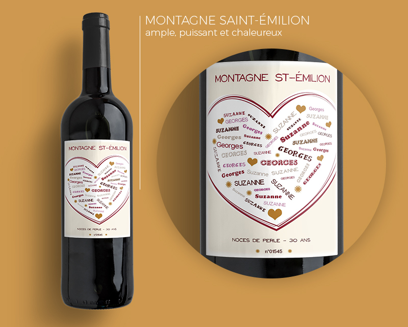 Bouteille de vin de Bordeaux personnalisée prénoms - Coeur Famille