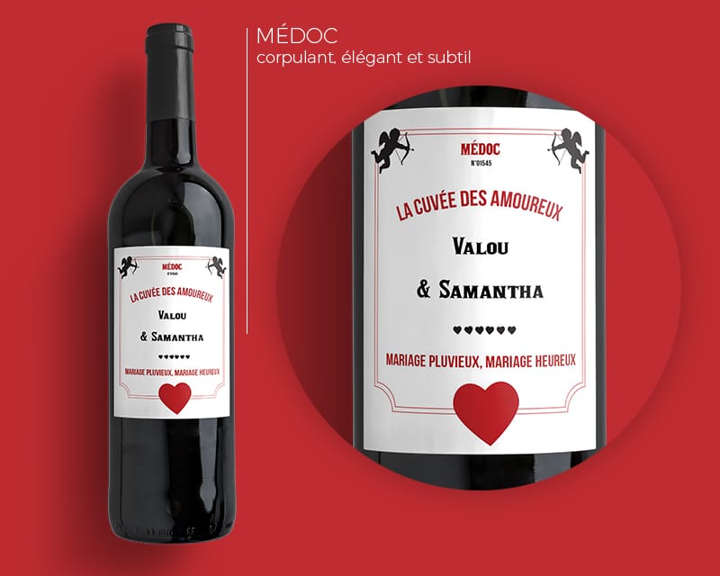 Bouteille de vin de Bordeaux personnalisée couple - Cupidon