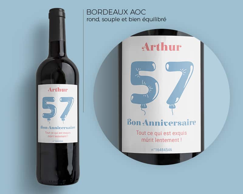 Bouteille de vin de Bordeaux personnalisée anniversaire - Ballons Bleu