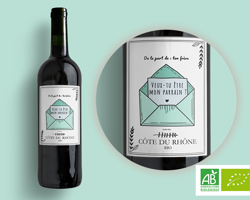 Bouteille de vin rouge Côte du Rhône Bio personnalisée Veux-tu être mon parrain ?