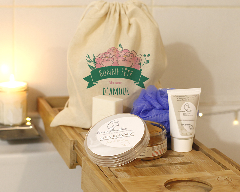 Produits de beauté au lait d'ânesse bio et pochon personnalisé Maman Fleurie