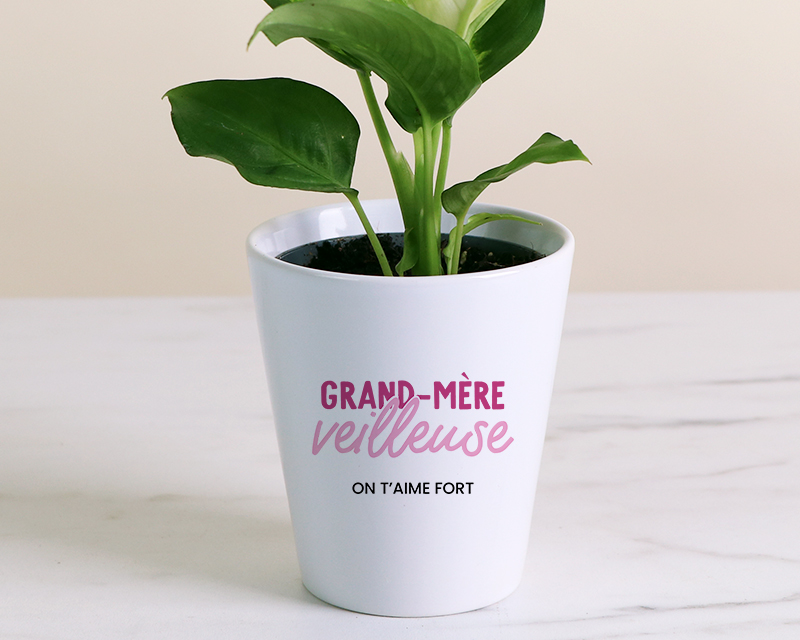 Cadeau Fête des grands-mères : pot de fleurs en céramique blanche 'Grand Mère-veilleuse' avec message personnalisé, contenant une plante verte sur table en bois.