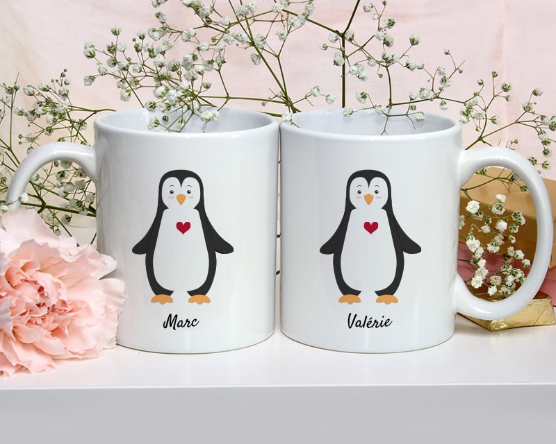 Duo de mugs personnalisés prénoms couple - Pingouins