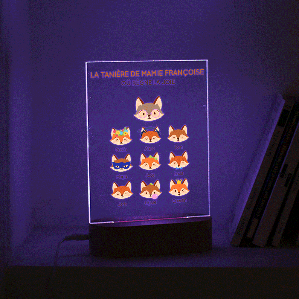 Cadeau Fête des grands-mères 2025 : lampe 3D 'Mamie Renard et sa meute' éteinte, avec socle en hêtre et plaque en acrylique, sur étagère décorative.