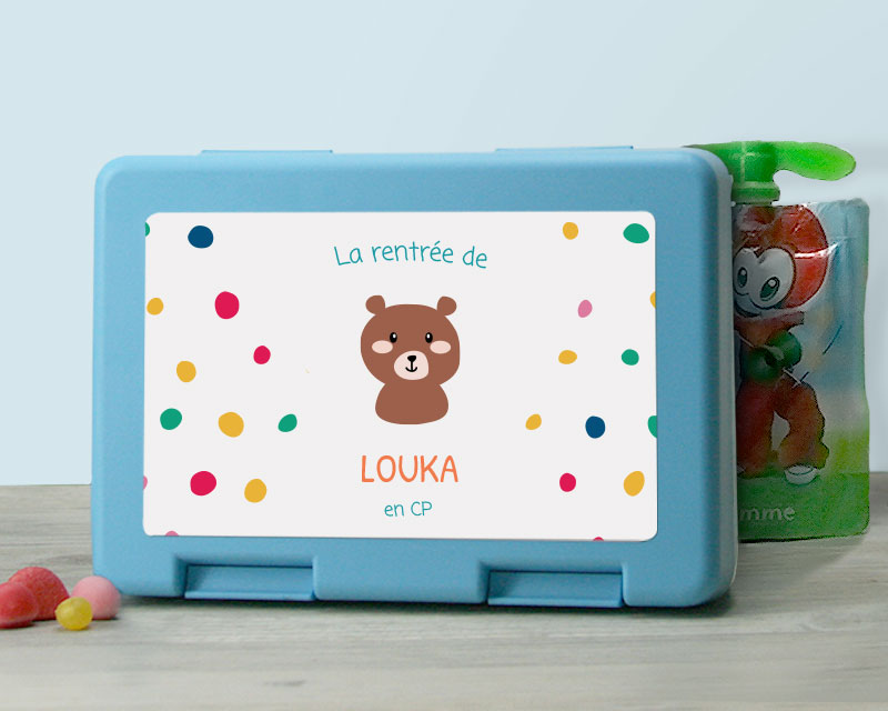 Boîte goûter personnalisée animaux ours bleu clair