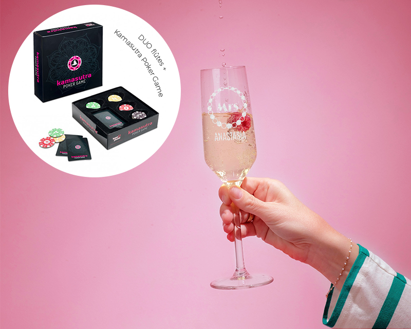 Pack soirée coquine : DUO Flûtes à champagne personnalisables + Poker Kamasutra