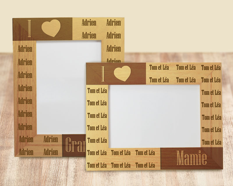 Cadeau personnalisé Fête des grands-mères 2025 : cadre photo en bois 'I ♥ Grand-Mère' sur étagère décorative.