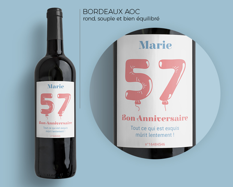 Bouteille de vin de Bordeaux personnalisée anniversaire - Ballons Rose