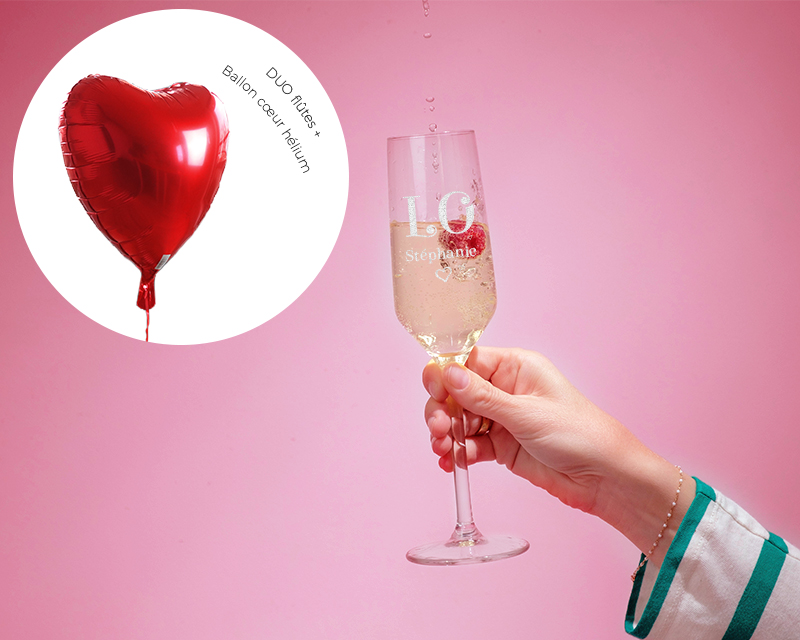 DUO Ballon cœur hélium et 2 Flûtes à Champagne Personnalisables - LOVE