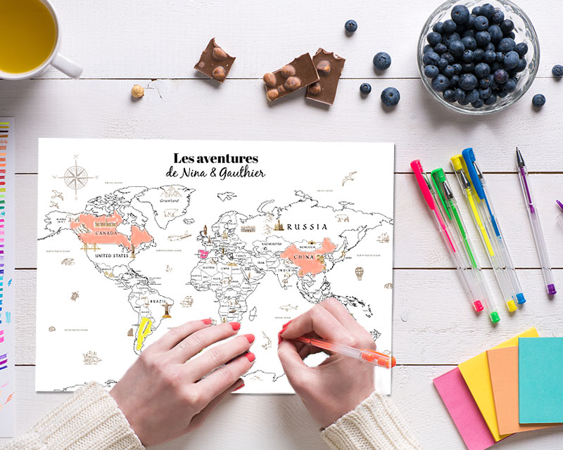 Carte du monde à colorier personnalisée