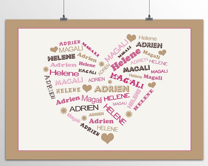 Affiche personnalisée prénoms - Coeur Famille Rose
