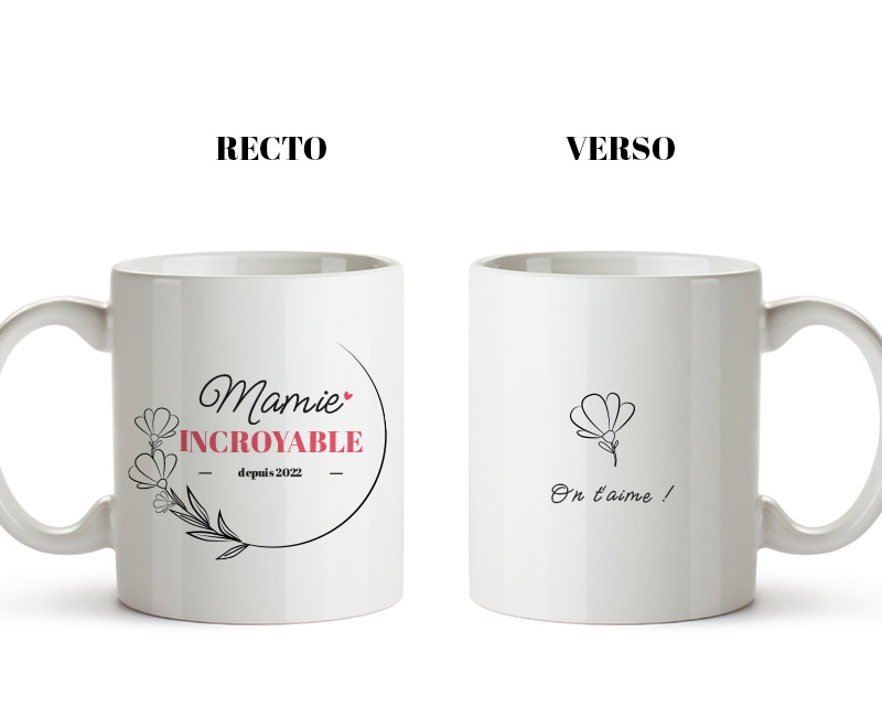 Cadeau personnalisé Fête des grands-mères 2025 : mug 'Mamie depuis [année]' rempli de boisson chaude, créant une ambiance chaleureuse.