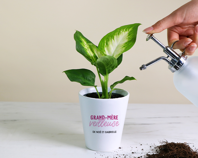 Idée cadeau Fête des mamies : détail du pot de fleurs personnalisé 'Grand Mère-veilleuse' avec message personnalisé, gravure précise et élégante.
