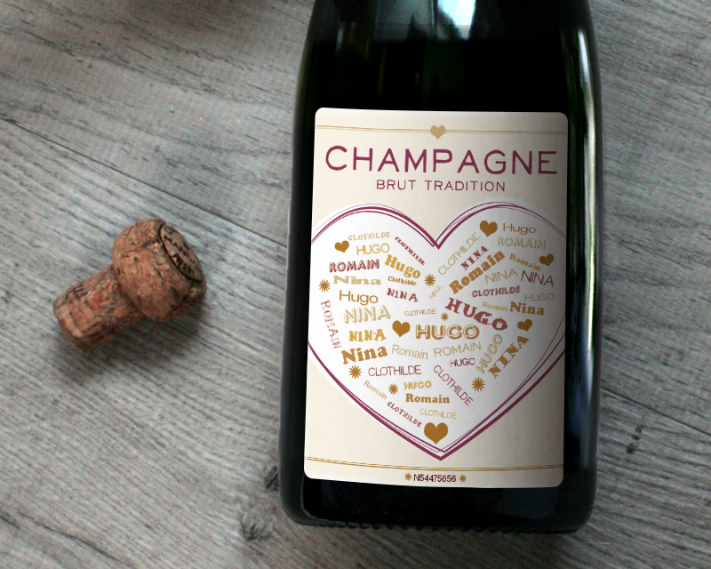 Bouteille de champagne personnalisée prénoms - Coeur Famille