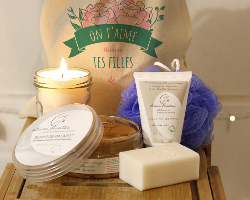 Produits de beauté au lait d'ânesse bio et pochon personnalisé Maman Fleurie
