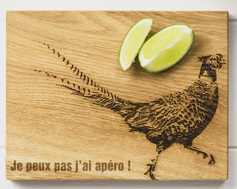 Petite planche à découper personnalisable en bois de Chêne écossais et son décapsuleur - Faisan