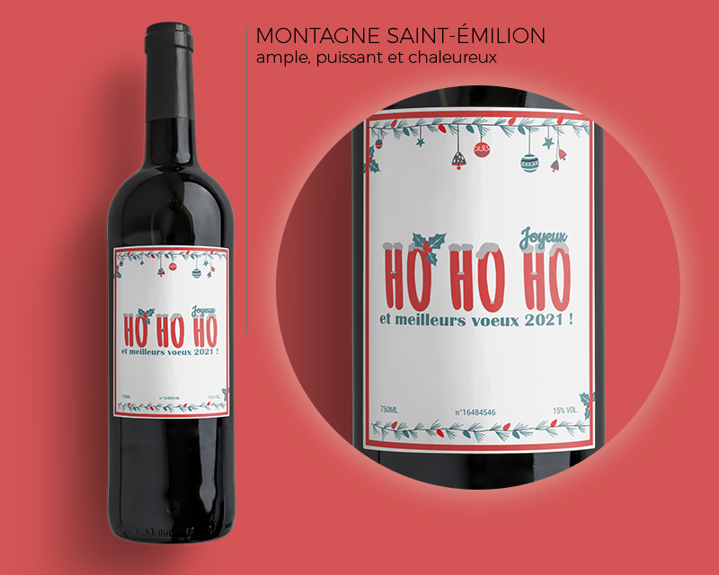 Bouteille de vin Montagne Saint-Emilion étiquette Noël personnalisable