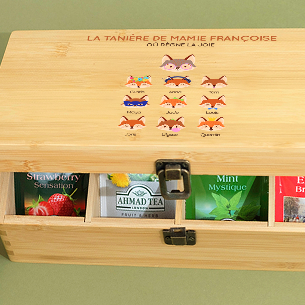 Cadeaux Fête des mamies : boîte à thé personnalisée 'Mamie Renard et sa meute' décorant une cuisine, idéale pour conserver les thés de Mamie.