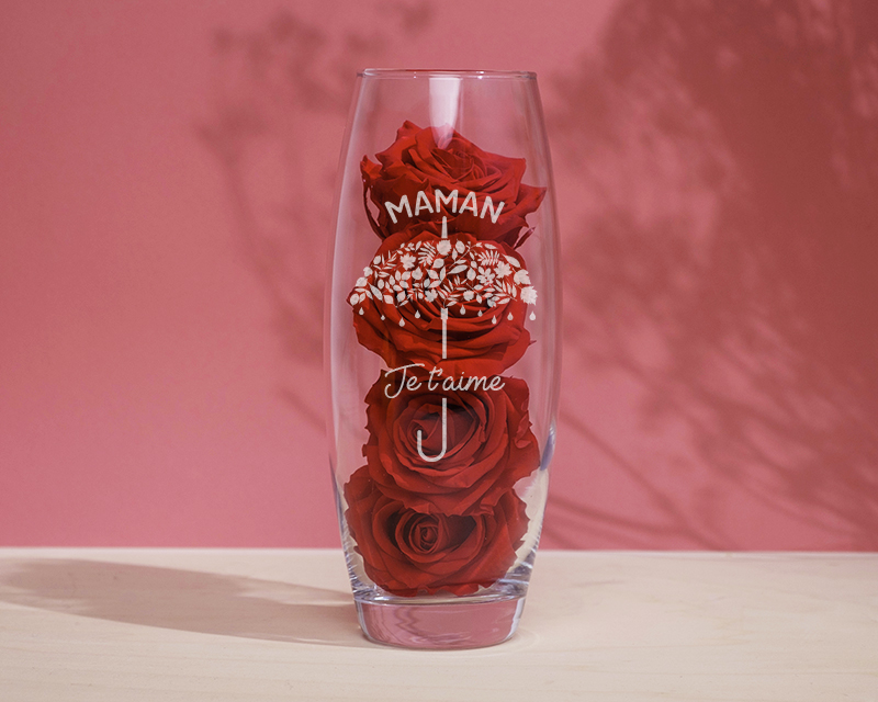 Vase ovale Personnalisable gravé et ses Roses rouges éternelles - Je t'aime