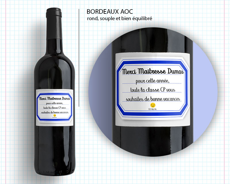 Bouteille de vin Bordeaux AOC étiquette Merci Maitresse personnalisable